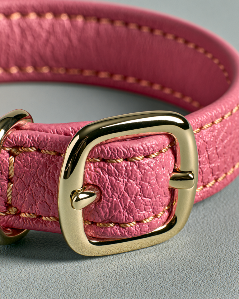 Collier Rose Cuir Véritable pour Chien – Boucle Dorée Haut de Gamme