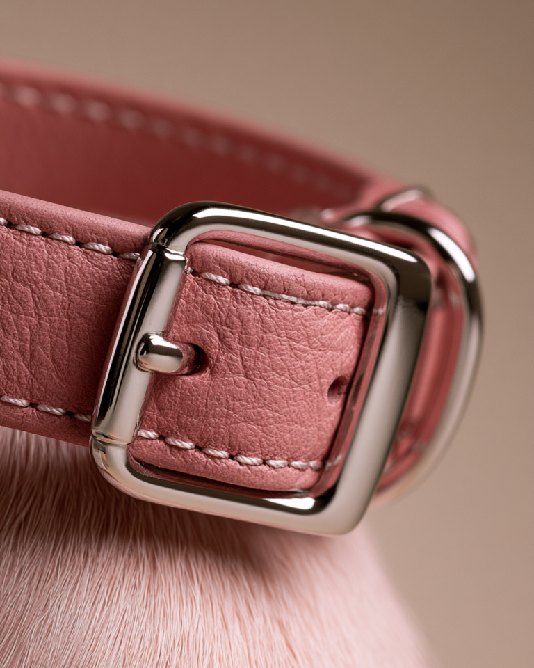Collier Chien Rose Cuir Boucle Argentée