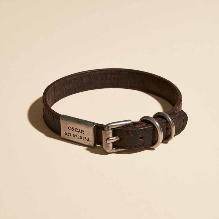 Collier pour chien de chasse gravé Oscar – Cuir brun