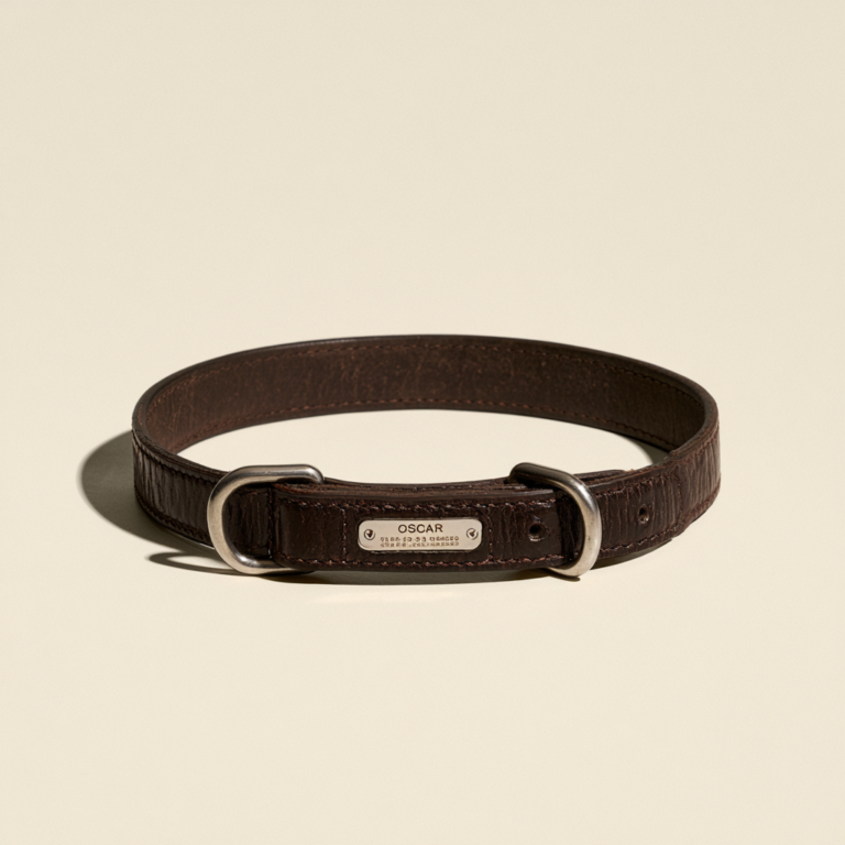 Collier chien personnalisé avec plaque gravée – Cuir foncé
