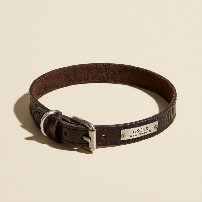 Collier pour chien de chasse gravé en cuir – Plaque métal