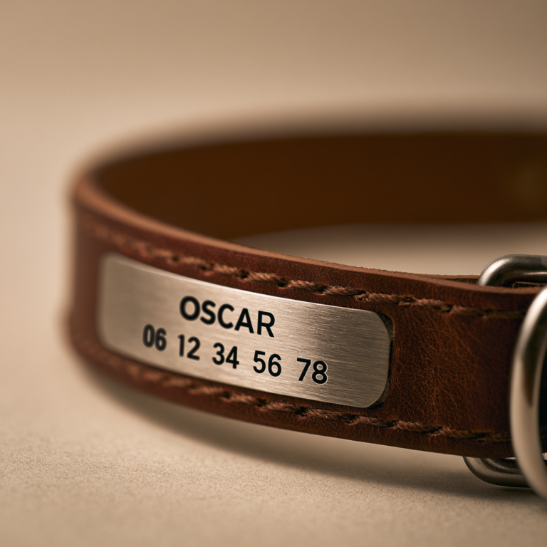 Collier chien personnalisé en cuir brun – Gravure offerte