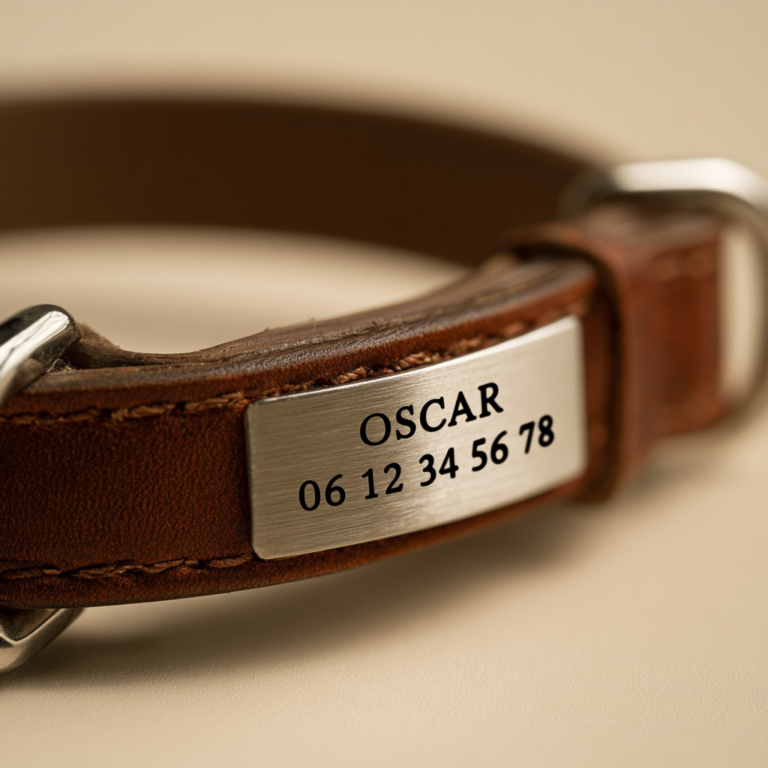 Collier chien en cuir avec nom et téléphone gravés